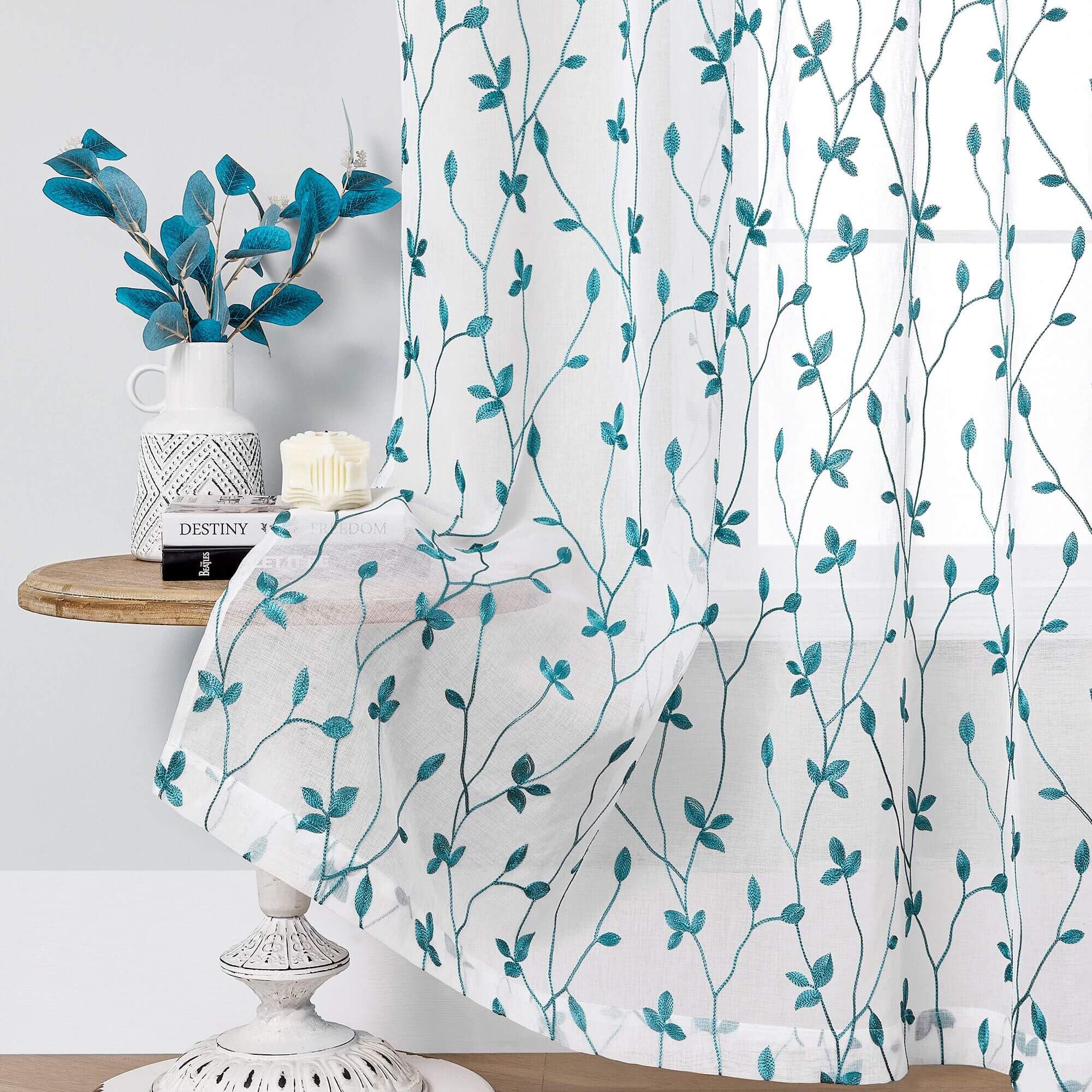 Photo 1 of WUBODTI Teal Sheer Leaf Pattern Curtains 84 Inches Long for Bedroom, Rod Pocket White Semi Sheer Leaves Embroidered Faux Linen Curtain Drapes 2 Panels for Living Room Sliding Door, Teal Blue