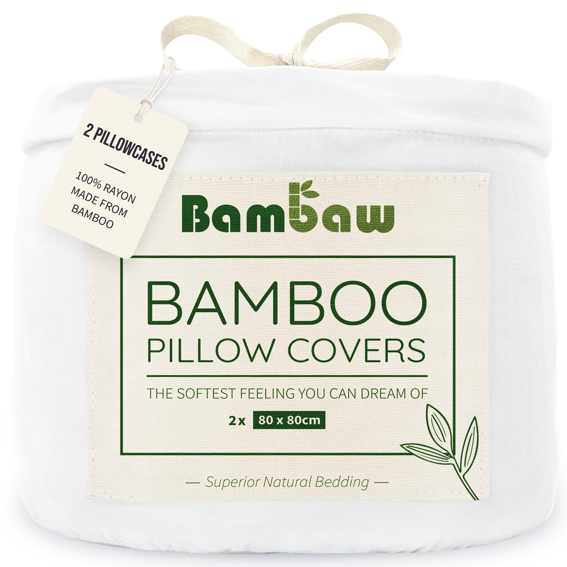 Bambaw Bamboo Pillowcase 80x80 cm 2 Pack, Anti Acne Pillowcase, 100% Bamboo Pillowcases Pack of 2, Cooling Pillow Cases for Night Sweats, Allergy Friendly Pillow Case with Envelope Closure (White)