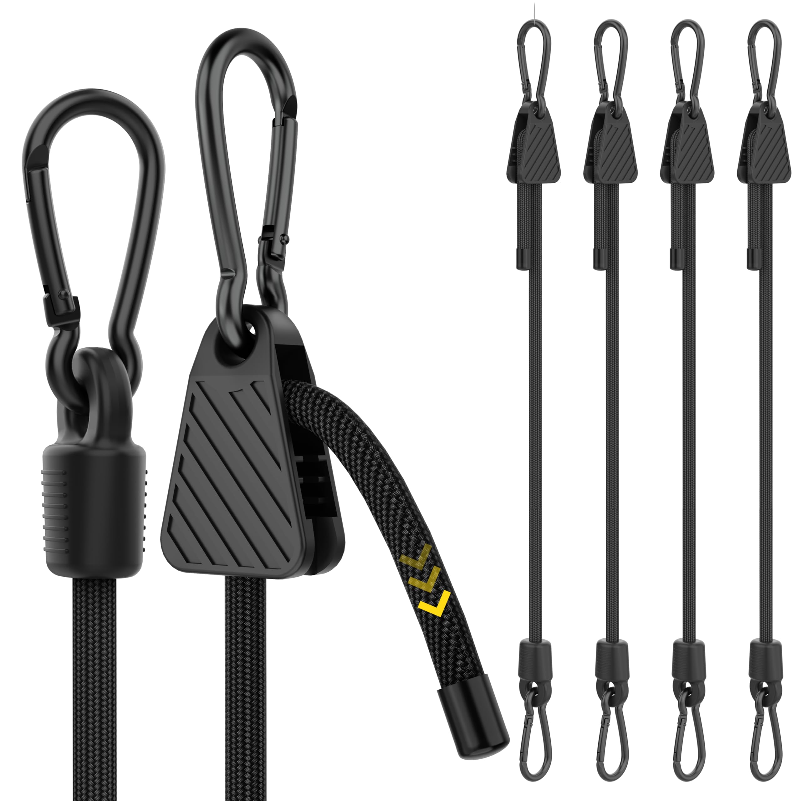 Adjustable Bungee Cords, 100cm Heavy Duty Bungee Cord with Carabiner Clips Outdoor, Easy Adjust Length Black Elastic Tie Downs Ropes with Hooks On Both Ends for Bike Rack, Tarpaulin, Garden, 4 Pack