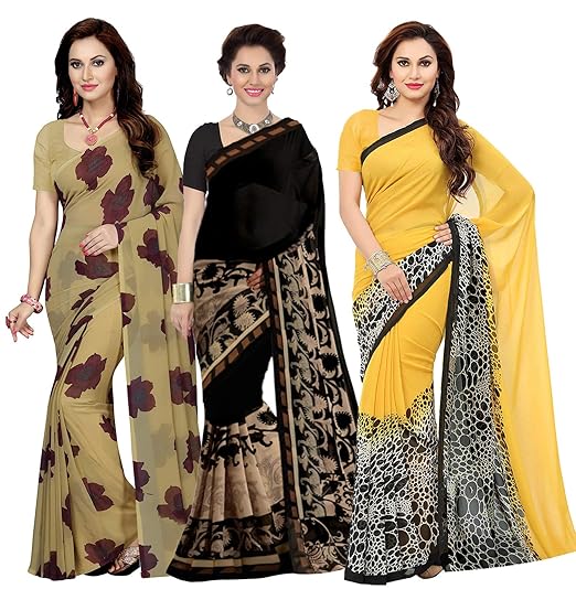 Combo of 3 Multicolor Poly Georgette Printed Women Saree/Sari