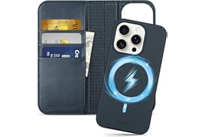 SHIELDON Case for iPhone 15 Pro 5G, Genuine Leather Detachable 2 in 1 Wallet Kickstand RFID Blocking Card Holder Magnetic Shockproof Wireless Charging Case Compatible with iPhone 15 Pro - Navy Blue