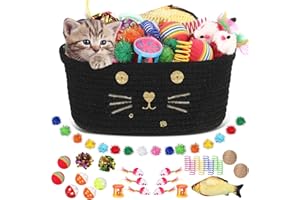 Zopeal 58 Pcs Cat Storage Basket Gift Toys Set, Colorful Flashing Balls Pet Bell Crinkle Balls Spring Toys Attract Cat to Swat, Hunt, Interactive for Pet(Black,9.8 Inch)