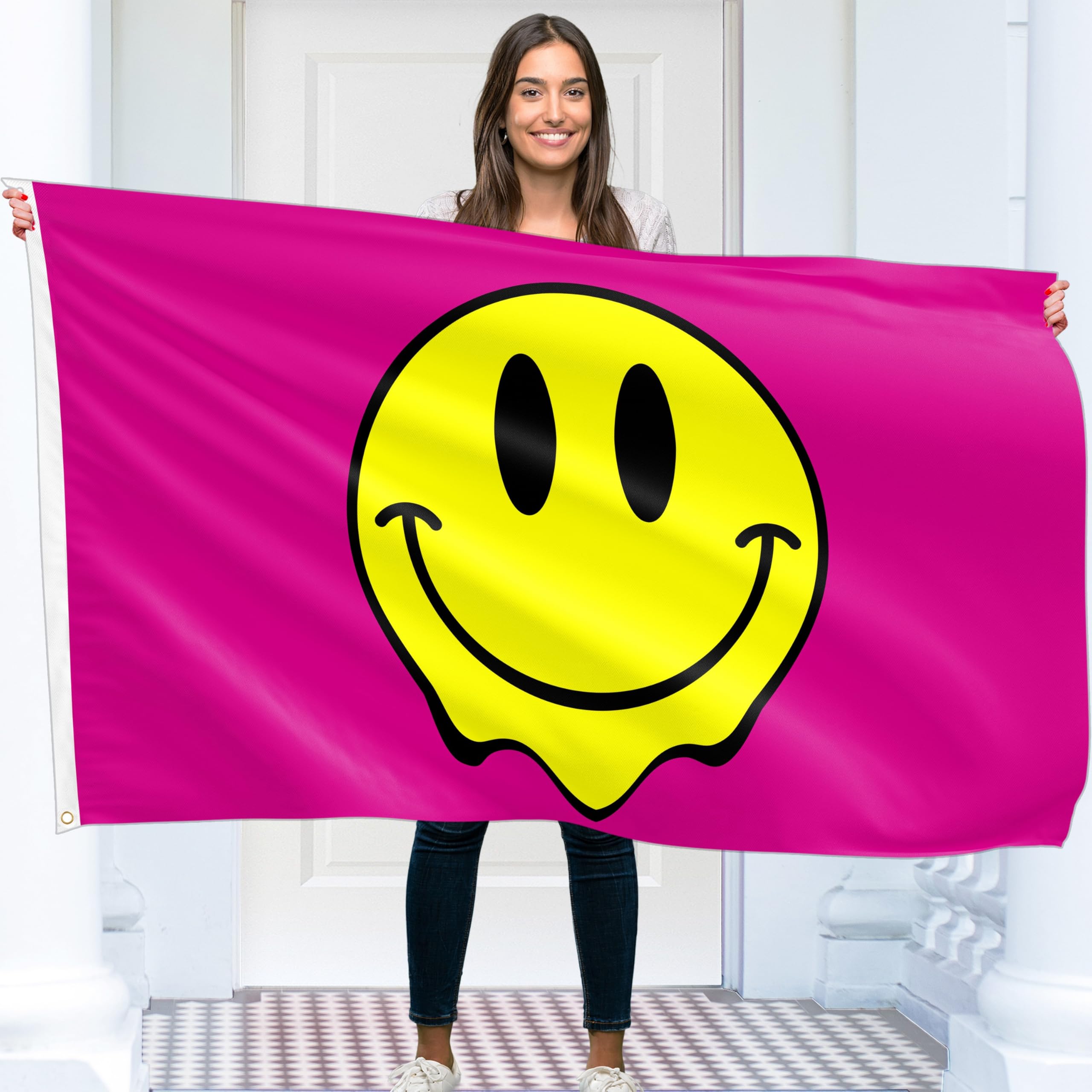 Pink Smiley Face Flag – Funny Flag – Smiley Face Banner - 110D polyester - Double Seam - 4 brass eyelets, large 5ft x 3ft