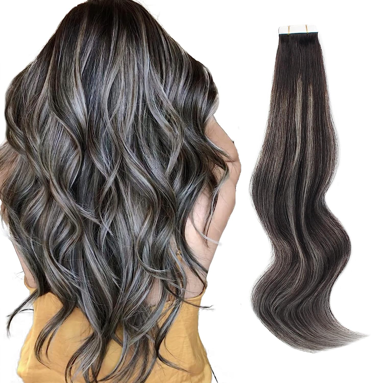 ABH AMAZINGBEAUTY HAIR Silver 14 Inch Tape in Hair Extensions Ombre Real Human Hair Natural Black to Silver White Balayage Straight Remy Human Hair Tape ins Extensions Invisible Seamless 50g 20pcs — image 1