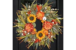 SOOMEIR Fall Wreaths for Front Door 24 Inch Fall Wreath with Pumpkins, Sunflowers & Berries – Outdoor Autumn Wreath for Porch, Thanksgiving, Halloween & Harvest Decor