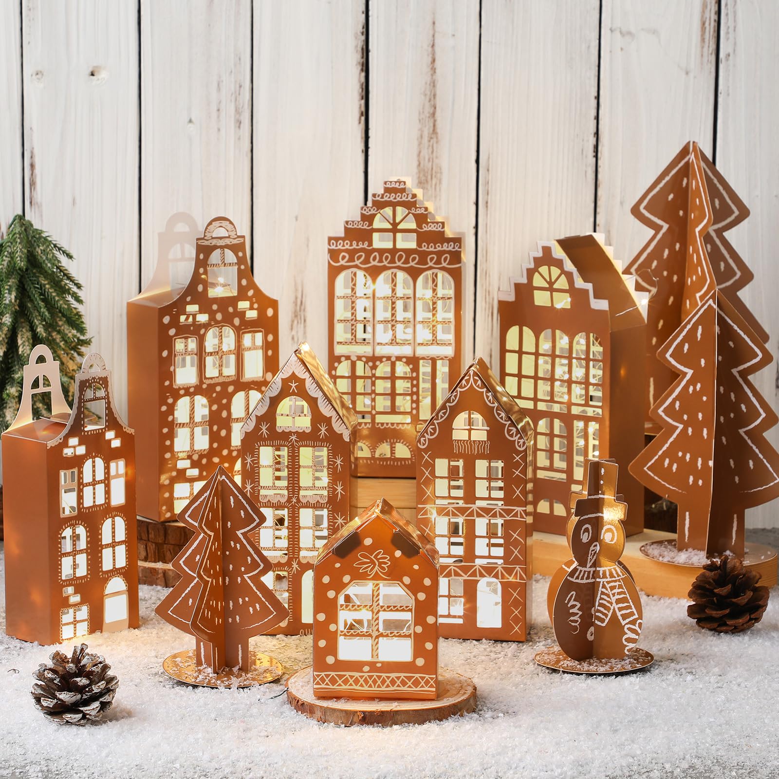 Photo 1 of DoubleFill 11 Pcs 3D Gingerbread Christmas Village Houses Paper Christmas Village Set Brown Xams Houses Decorations Paper Xams Trees Snowman Figurines Scene for Winter Holiday Desktop Mantel Decor