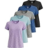 Real Essentials 5 Pack: Women's Short Sleeve T-Shirts Workout Tops Fitness Pilates Gym Activewear Athletic (Plus Available)