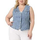 Agnes Orinda Plus Size Denim Vests for Women V Neck Sleeveless Utility Jean Jacket Vests