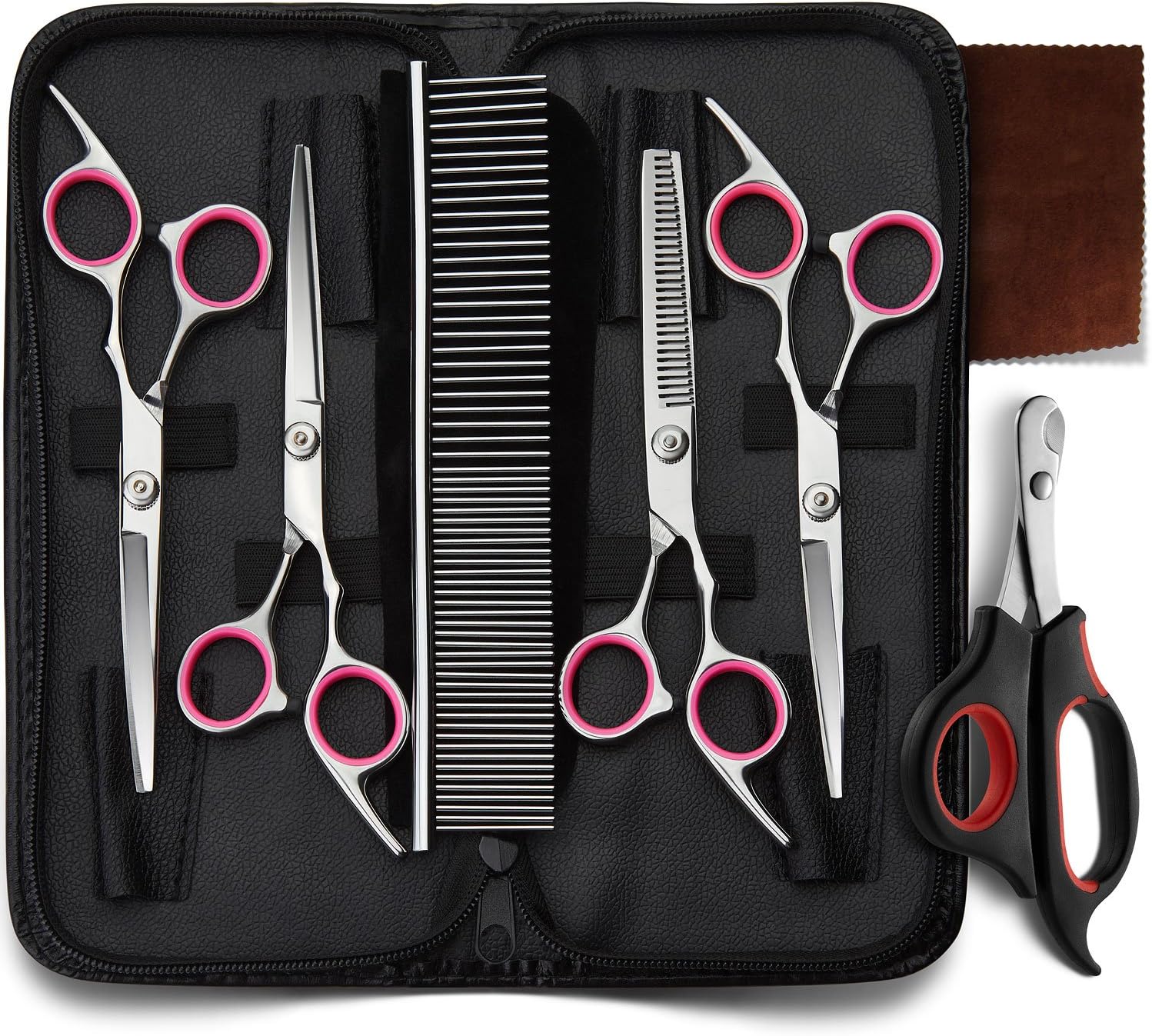 Professional Pet Grooming Scissors Set- 4 Pieces of Heavy Duty Stainless Steel Pet Trimmer Kit, Premium Curved Cutting and Thinning Shears with Nail Trimmer and Grooming Comb for Dog and Cat By Pongo