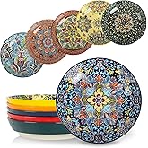 KitchenTour Pasta Bowls Set of 6-30 oz Large Wide & Shallow Serving Bowl, Colorful Ceramic Salad Bowls for Everyday Dining - 8.2 Inch, Microwave and Dishwasher Safe, Bohemian Style