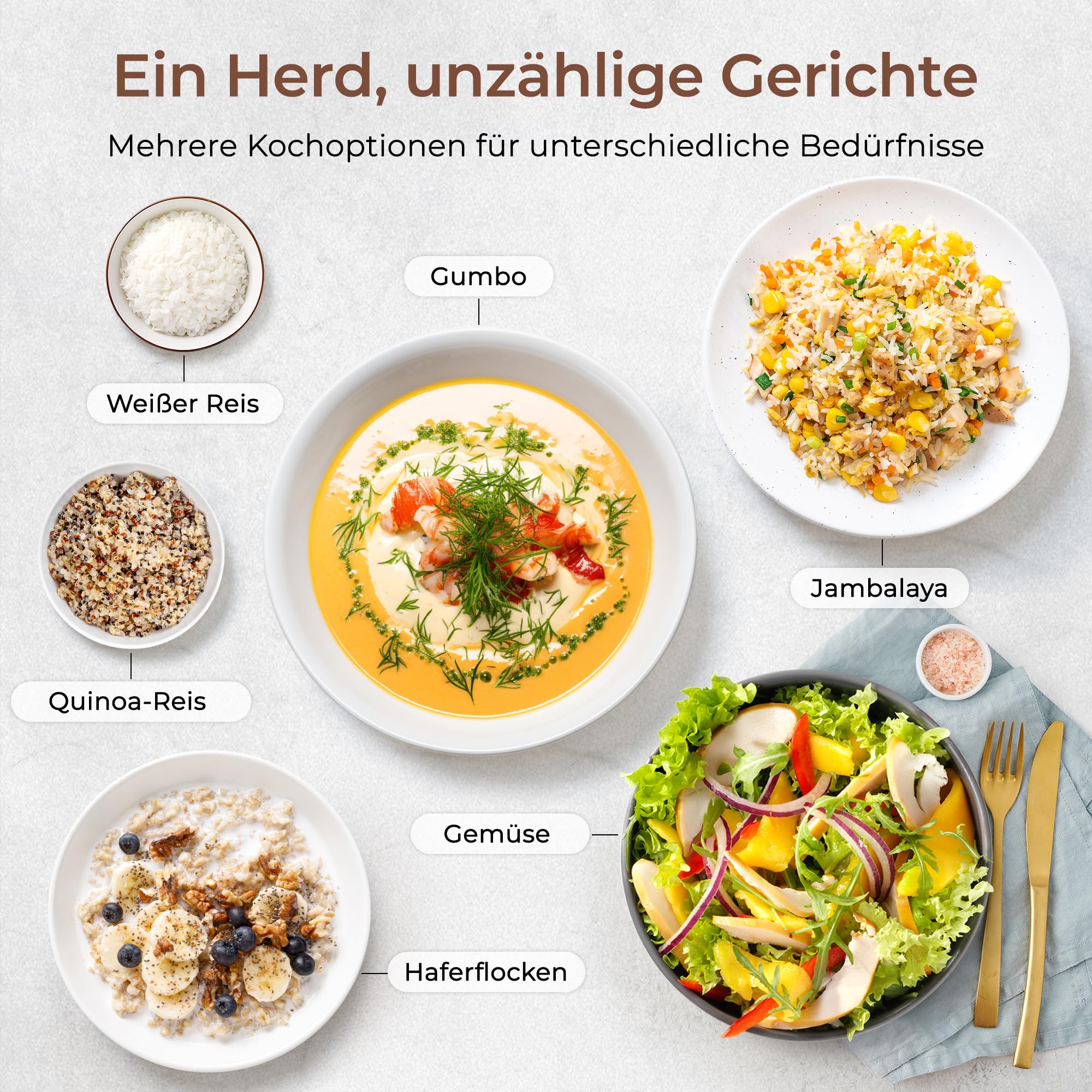 TOKIT Rice Cooker 1.5L Pro Reiskocher Klein Mini aber Multifunktionen mit Display-Touch-Taste für 1-3 Personen Keramisch beschichteter Antihaft-Innenreistopf(Weiß) 4
