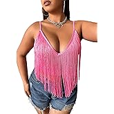 WDIRARA Women's Plus Size V Neck Fringe Trim Spaghetti Strap Club Crop Cami Top