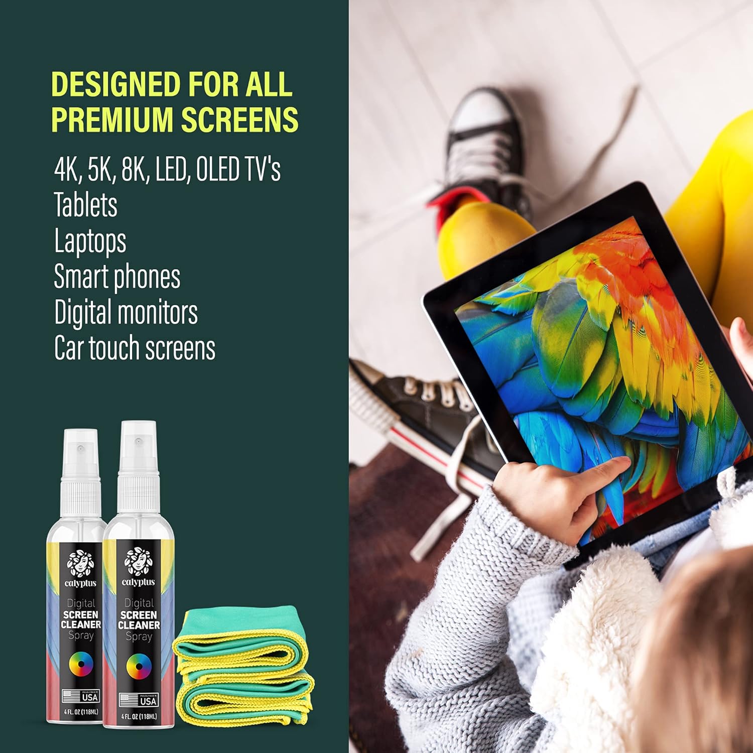 Calyptus Screen Cleaner Kit | Plant Based Power | USA Made | 8 Ounces + 8 Inch Pixel Shining Cloths | Streak Free Spray | Phone, Laptop, Tablet, Computer Screen Cleaning: Health & Personal Care