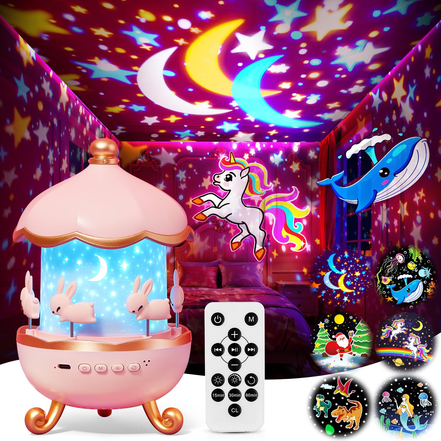 One Fire Educational Star Projector Night Light, Unicorn Gifts for Girls, 15 Sounds Night Light with 15 Films & 315 Modes, Rechargeable Sleep Aid with 360° Rotating, Remote & Timer — image 1