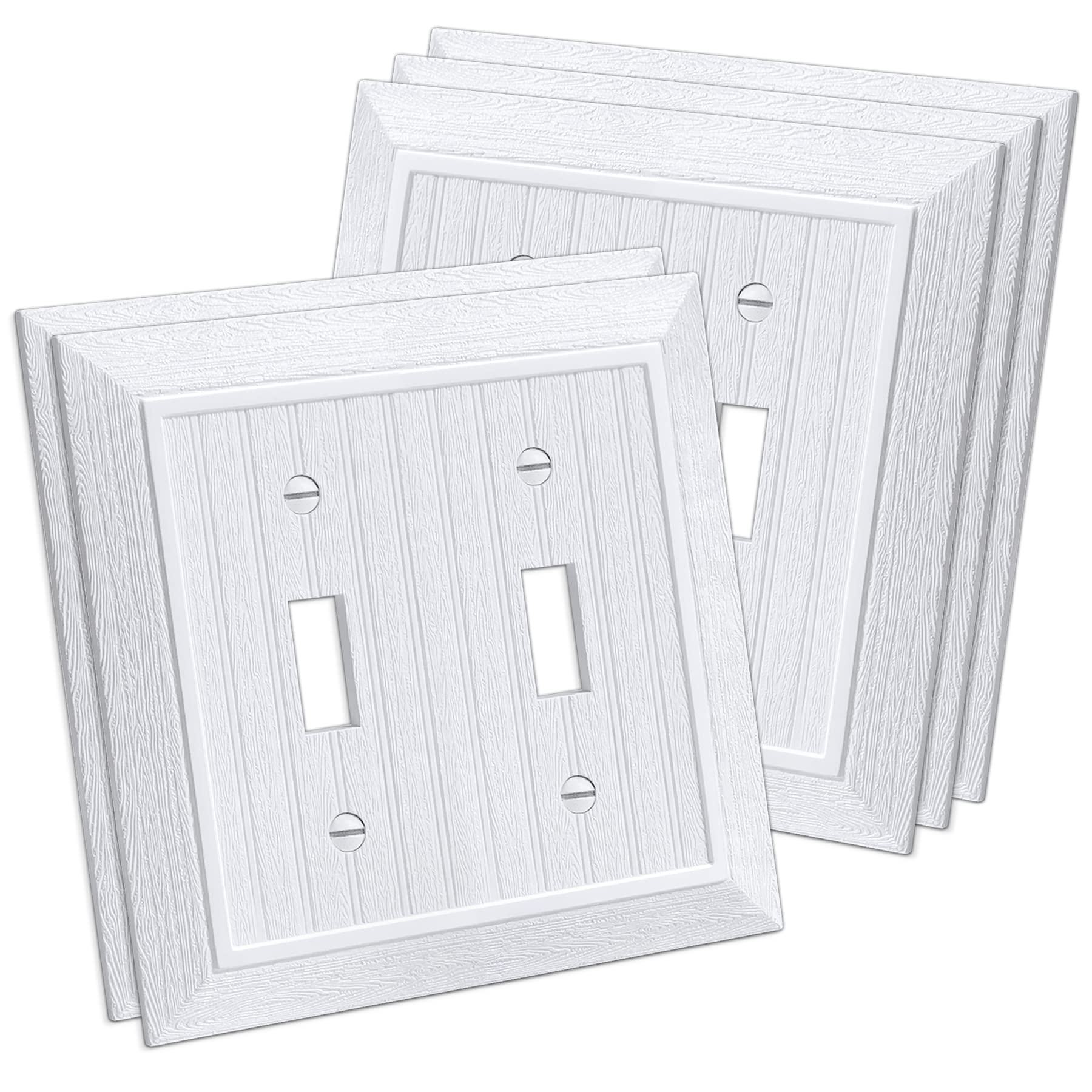 Photo 1 of (5 Pack) CML Classic Toggle Light Switch Wall Plate, 2-Gang Beadboard Outlet Covers, Vintage Retro Wood Grain Design, Standard Size 4.95”X 4.87”, Impact Resistant, White