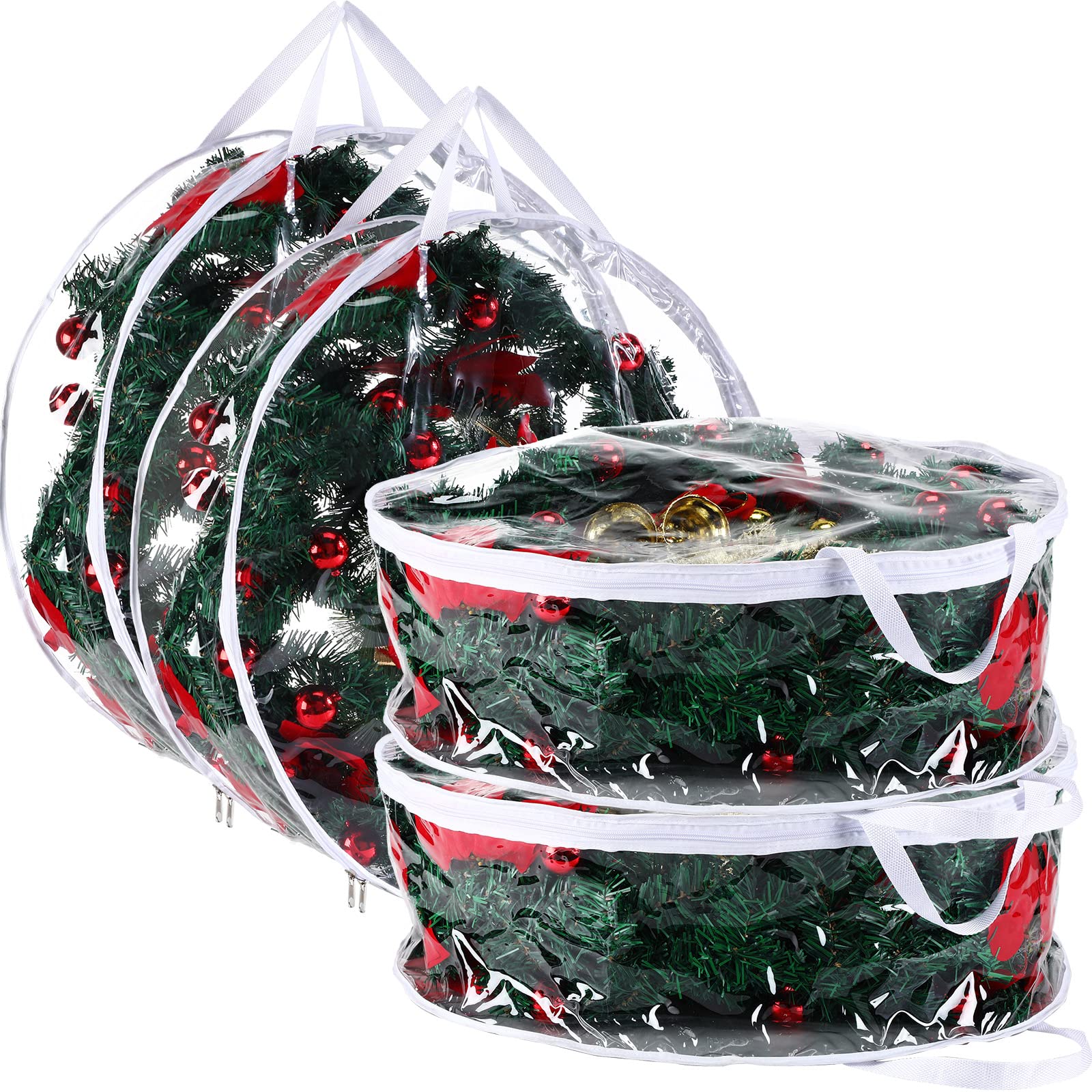 Photo 1 of Shappy 4 Pieces Christmas Wreath Storage Container 30 Inch Wreath Plastic Storage Bags with Dual Zippers and Handles for Xmas Thanksgiving Holiday Artificial (Clear)