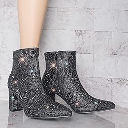 Women Rhinestone Block Chunky Heel Ankle Bootie