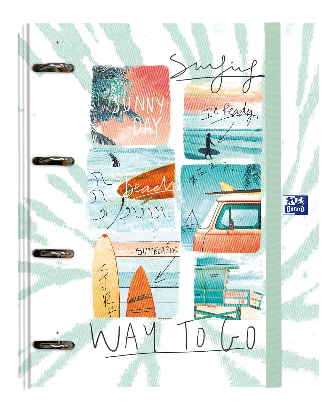 Oxford, A4+ 4 Ring Binder, Extra Cover, Rubber Closure, Includes Refill Grid 5x5 with 5 Colour Bands. Design: Surf