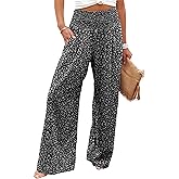Bbkkuck Womens Casual Loose Fit Palazzo Pants Elastic High Waist Lounge Long Pajama Wide Leg Trousers with Pocket