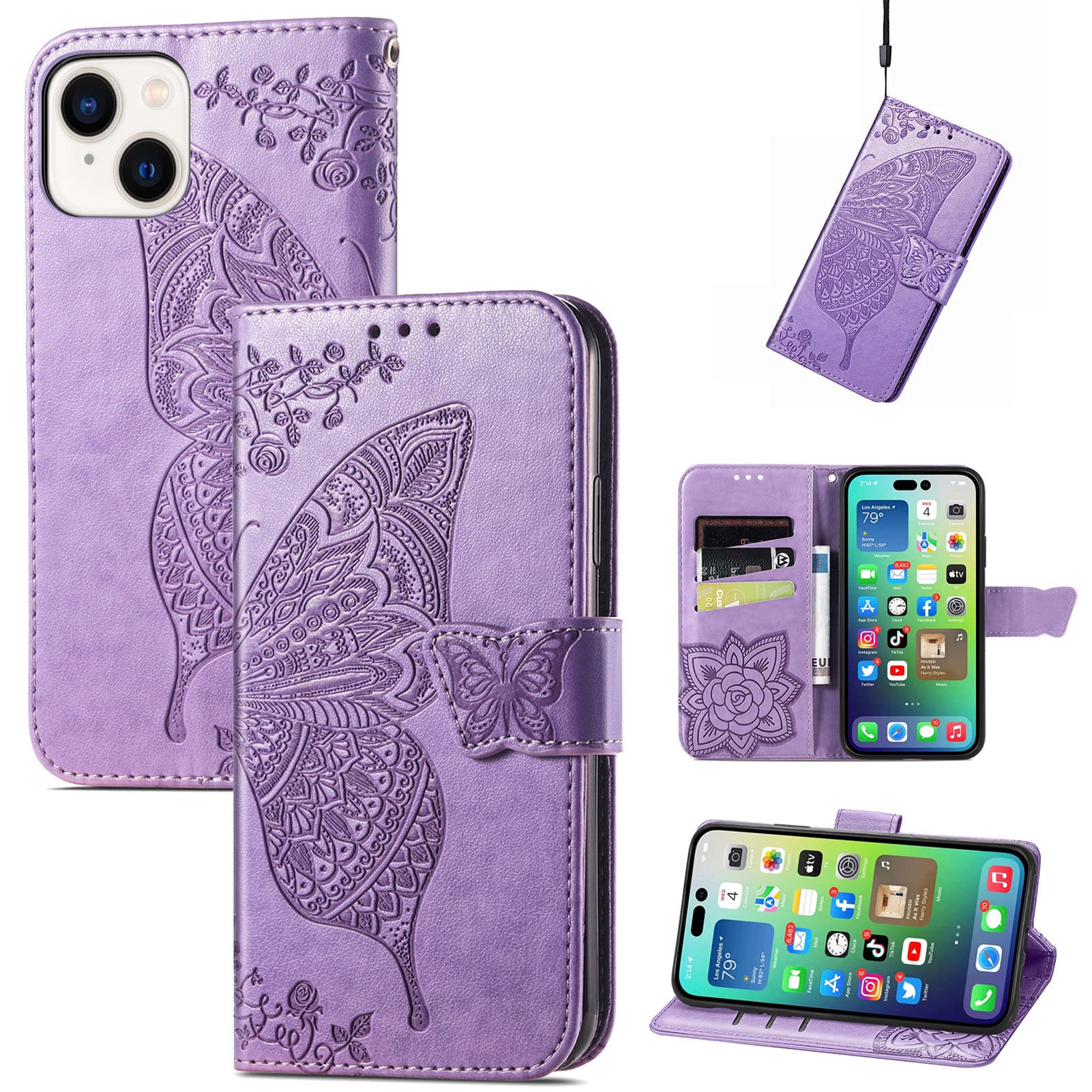 JIUNINE Case for Apple iPhone 14 Plus, Leather Wallet Case Flip Cover with Butterfly Embossed Pattern [Card Holder] [Magnetic Closure] [TPU Inner Shell] for Apple iPhone 14 Plus, Purple — image 1