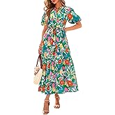 BTFBM Summer Dresses for Women 2026 Boho Short Sleeve V Neck Button Belt Flowy Spring Clothes Beach Vacation Maxi Dress