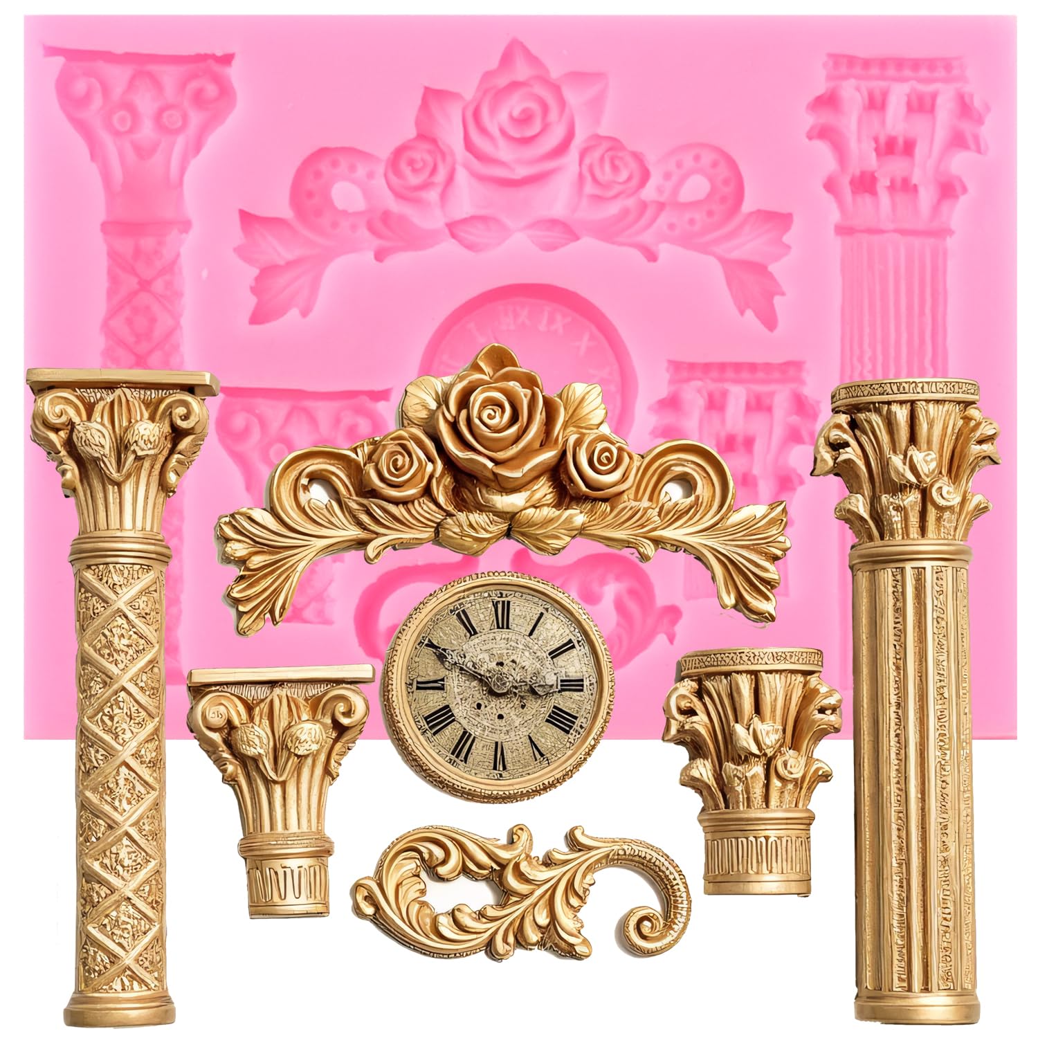 XMOLDNMS Roman Column Silicone Fondant Mould Greek Marble Pillars Relief Clock Chocolate Candy Moulds for Cake Decoration Cupcake Topper Polymer Clay Gum Paste
