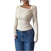 GORGLITTER Women's Asymmetrical Fitted Long Sleeve Tops T Shirt Ribbed Knit Slim Fit Fall Fashion Tee Going Out Tops