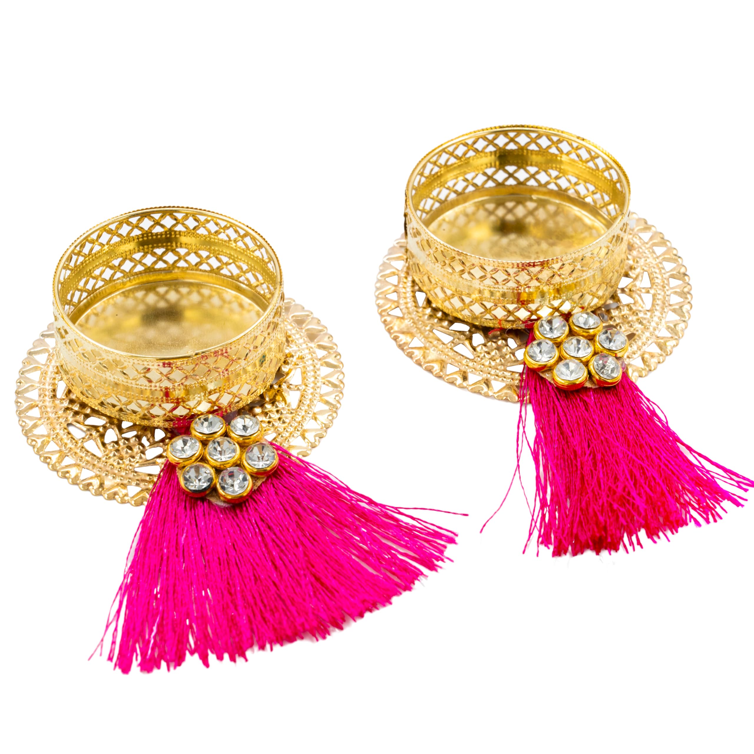 Tarini Gallery T-Light Holder Set of 2, Pink Tassle, Terracotta, Festival, Gift-Giving, Multiple Occasions