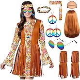 Touchbetter 60s 70s Hippie Dress Costumes-Peace Sign Necklace Earrings Wig Fringe Boot Covers Sunglass Headband-1970s Outfits
