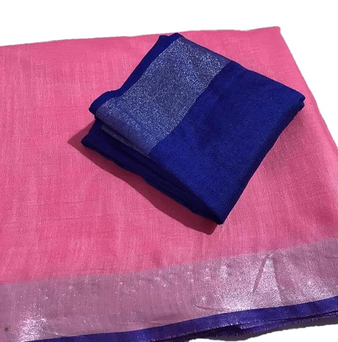 For Womens Bhagalpuri Cotton Linen Baby Pink Saree With Plain Zari Border Contrast Blouse Piece Free Size