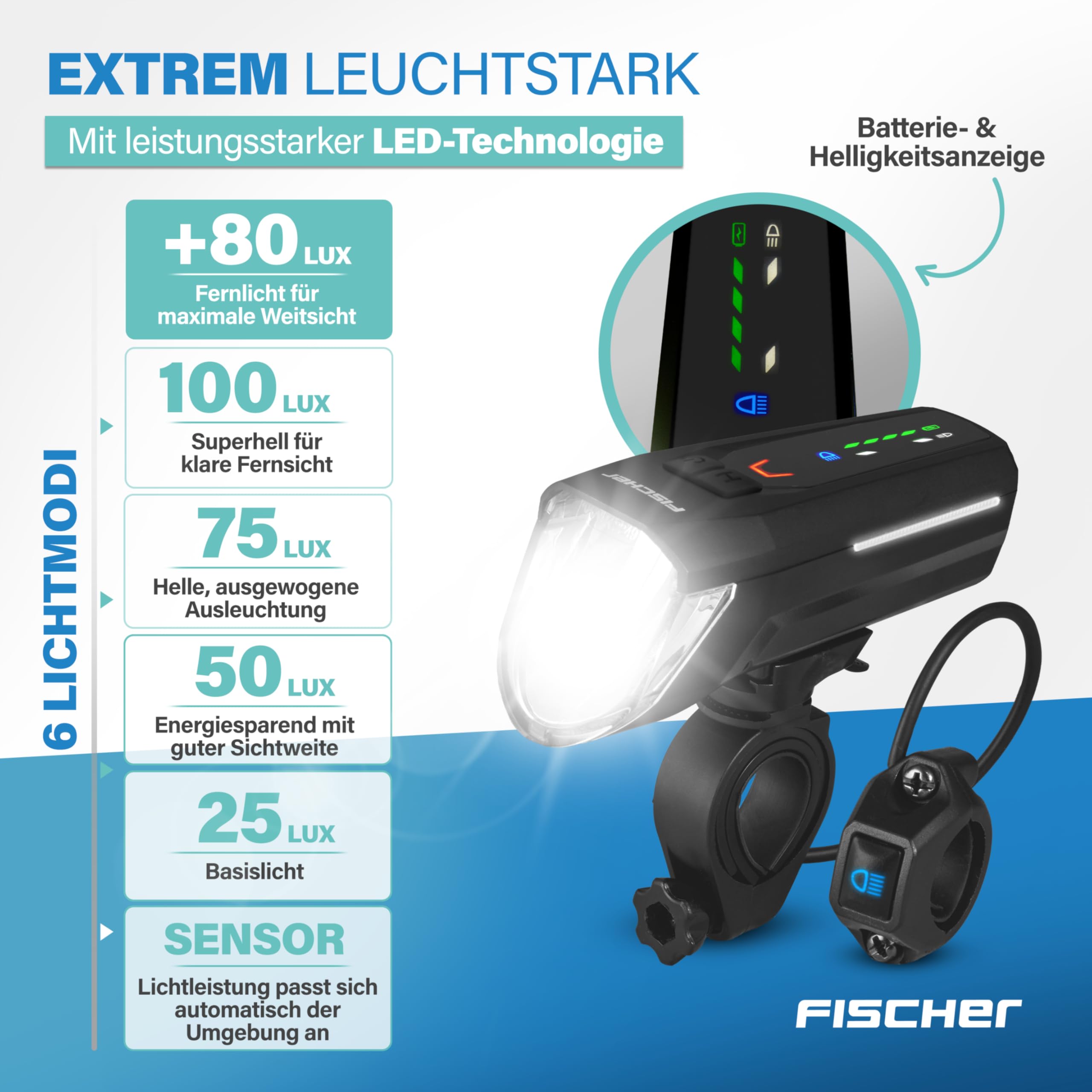 FISCHER Fahrrad LED-Akku Beleuchtungs-Set Twin Stop 100 +80 Lux Fernlicht, mit Sensormodus, Lange Leuchtdauer, stabiles Aluminium-Gehäuse, schwarz, 1 Stück 3