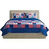 3-Piece Caroline Patriotic Quilt Set - Microfiber Americana Stars and Plaid Patchwork Bedding - King Bed Spread with 2 Pillow Shams by Lavish Home