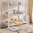 Harper & Bright Designs Metal Triple Bunk Bed with Trundle, Quad Bunk Beds Twin Over Twin, 3 Bunk Beds with 2 Ladders & Guardrails, Convertible Heavy Duty Steel Frame for Bedroom, Dorm, White
