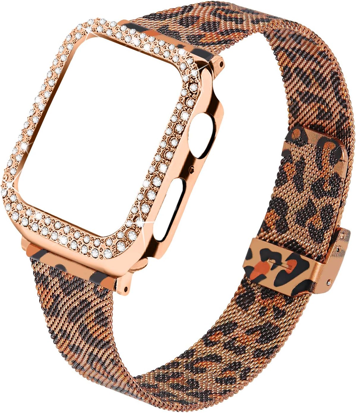 Joyozy Stainless Steel Mesh bands Compatible For Apple Watch 44mm,Women Bling Protective Crystal Diamond Case with Loop Mesh Strap For Apple watch Series 6/SE/5/4(No Tool Needed)(Leopard, 44MM)