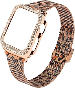 Joyozy Stainless Steel Mesh bands Compatible For Apple Watch 44mm,Women Bling Protective Crystal Diamond Case with Loop Mesh Strap For Apple watch Series 6/SE/5/4(No Tool Needed)(Leopard, 44MM)