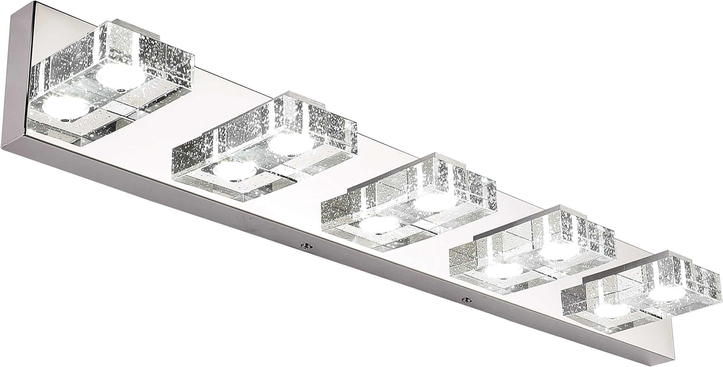 SOLFART Dimmable 5 Lights 31.5 Inches Modern Glass Stainless Steel Vanity Light Over Mirror Bathroom Lighting Fixtures LED Vanity Light