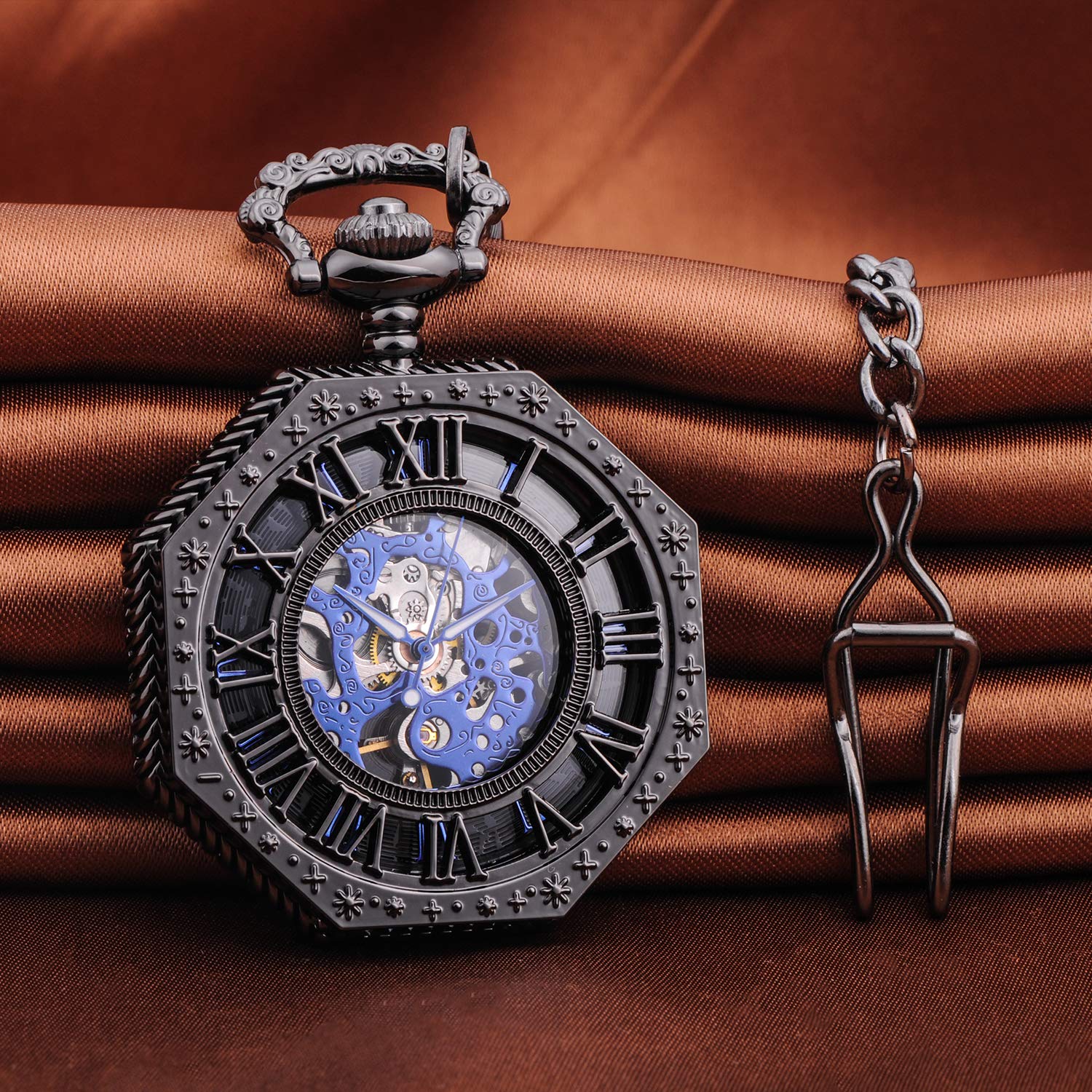 Unendlich U Mens Mechanical Pocket Watch, Vintage Roman Numerals Dial Octagonal Stainless Steel Bronze Case Pocket Watch for Men Women