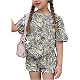 RoseSeek Girl's 2 Piece Summer Outfits Short Sleeve Camo T Shirt and Mini Shorts Clothing Set Tracksuit