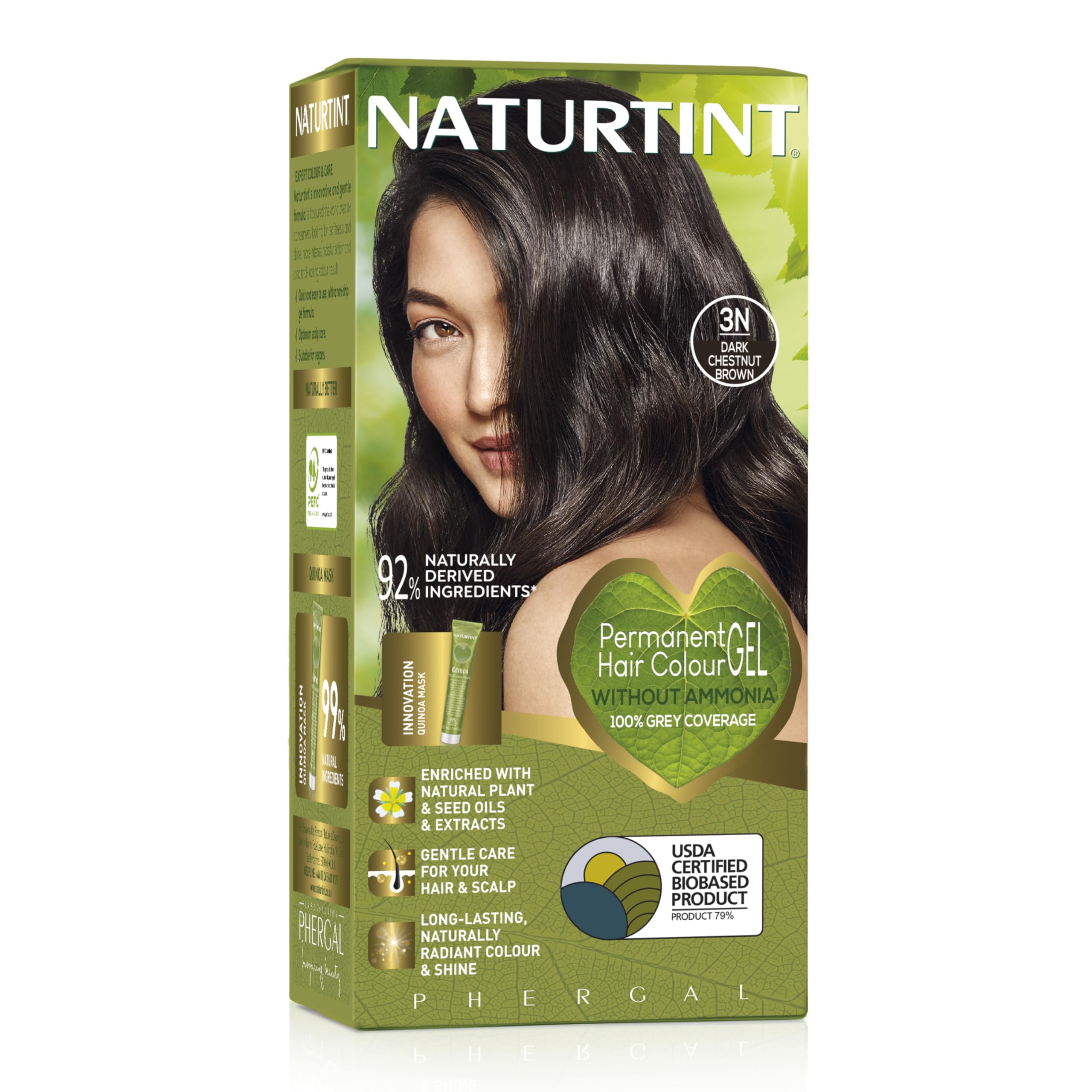 Naturtint Permanent Hair Colour Gel 3N Dark Chestnut Brown, Plant Enriched, Biobased, Ammonia Free, Long Lasting Grey Coverage and Radiant Colour, Nourishment and Protection