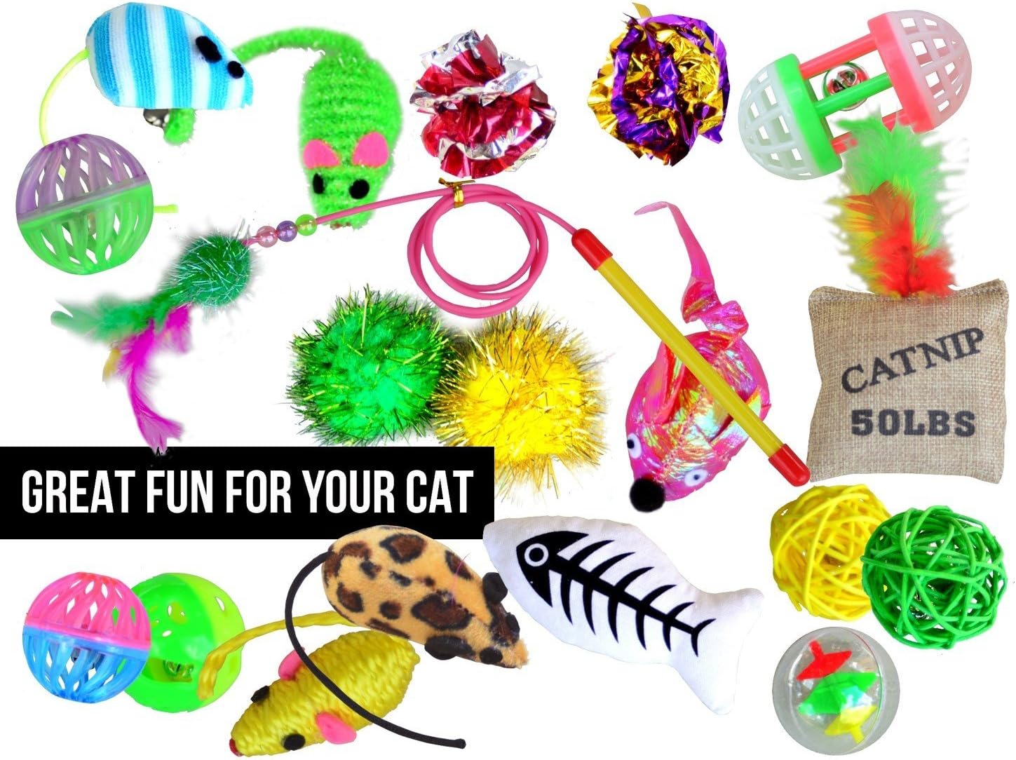 Interactive Cat Toys Variety Pack - 20 Piece Popular Assortment to Keep Your Pet Feline Occupied for Hours | Includes Balls, Bells, Mice, Fish Catnip Cushion, Teaser and More