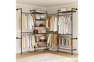 ONBRILL L4 Wall Mounted Industrial Pipe Clothing Rack, Closet Organizer System with 6 Hanging Clothes Rods ( 4 Expandable Rod
