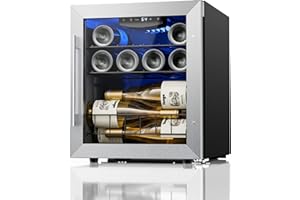 Yeego Small Wine Fridge Refrigerator, 12 Bottle 38-65℉ Wine Cooler Counter Top/Freestanding w/Anti-U V Glass Door Digital Temp Control for Champagne/Red/White/Sparkling Wine, Home, 1.6cu.ft, Black