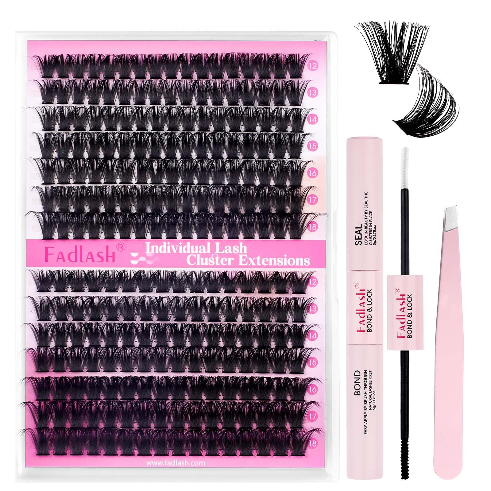 FADLASH 80D+100D 0.07mm D Curl 12-18mm with Bond and Seal and Tweezers Fluffy Cluster Lashes DIY Eyelash Extensions — image 1
