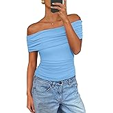 PRETTYGARDEN Women's Off The Shoulder Short Sleeve Ruched Slim Fit Blouse