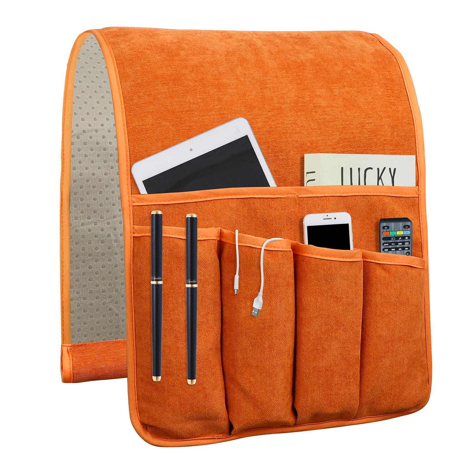 NB Sofa Armrest Organize remote holder bedside caddy organizer with 5 pockets,non-slip couch remote control holder couch armchair caddy accessories (Orange, 35"x12.4")
