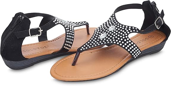 Amazon.com | Gold Toe Womenâs Rhinestone Thong Sandal with Ankle Strap and Demi Wedge - Open Toe 