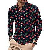 Mainfini Men's Christmas Polo Shirt Long Sleeve Santa Tree Full Pattern Business Casual Holiday Wear (M-3XL)