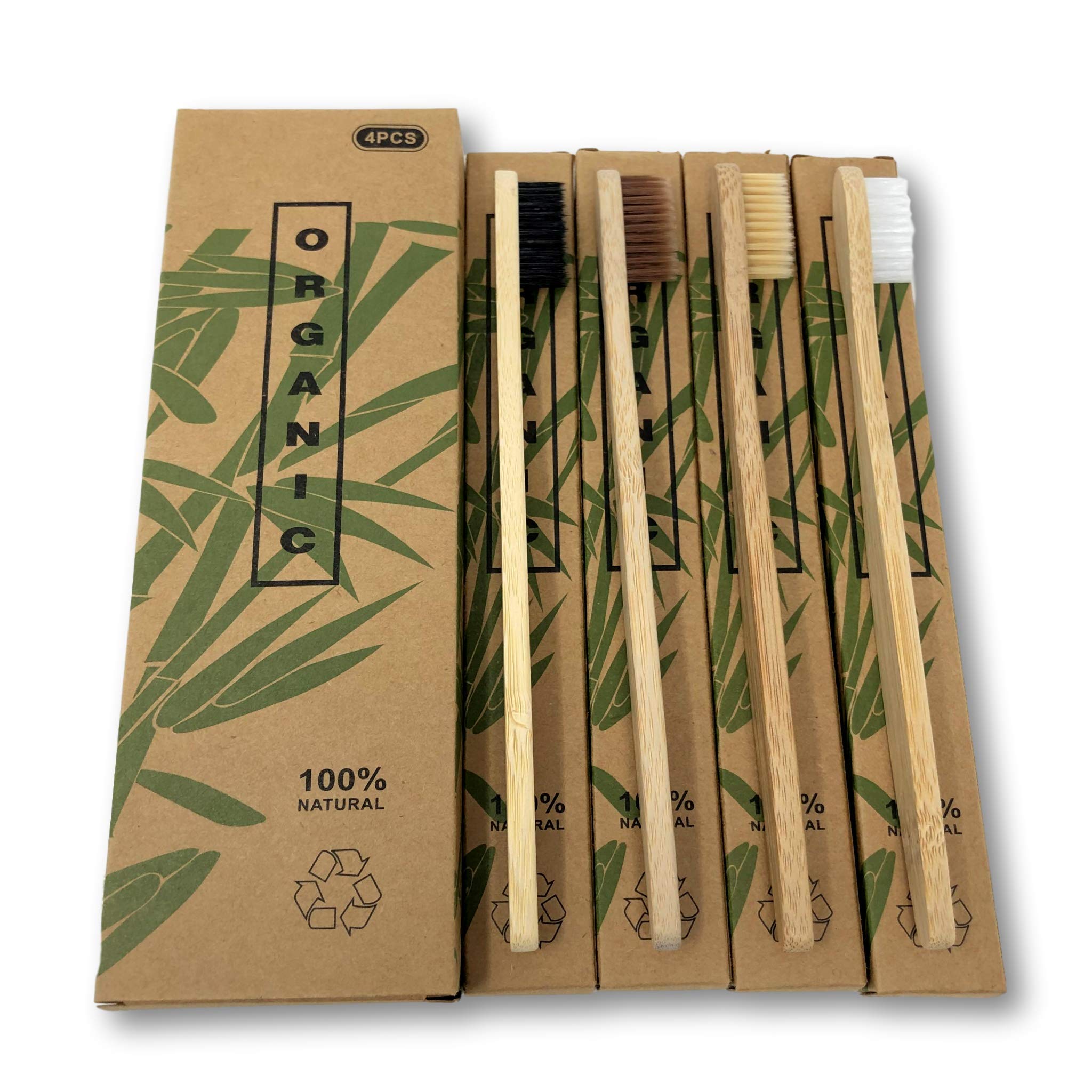 EKNA Bamboo Toothbrushes Set of 4 Wooden Toothbrushes Bamboo Wood 100% Vegan Biodegradable BPA Free