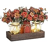 DUOER 3 Pcs Mason Jar Centerpiece Table Decorations for Dining Table Decor Farmhouse Coffee Table Decor with Wood Tray and Led Light Table Centerpieces for Dining room Kitchen Living Bathroom,Orange