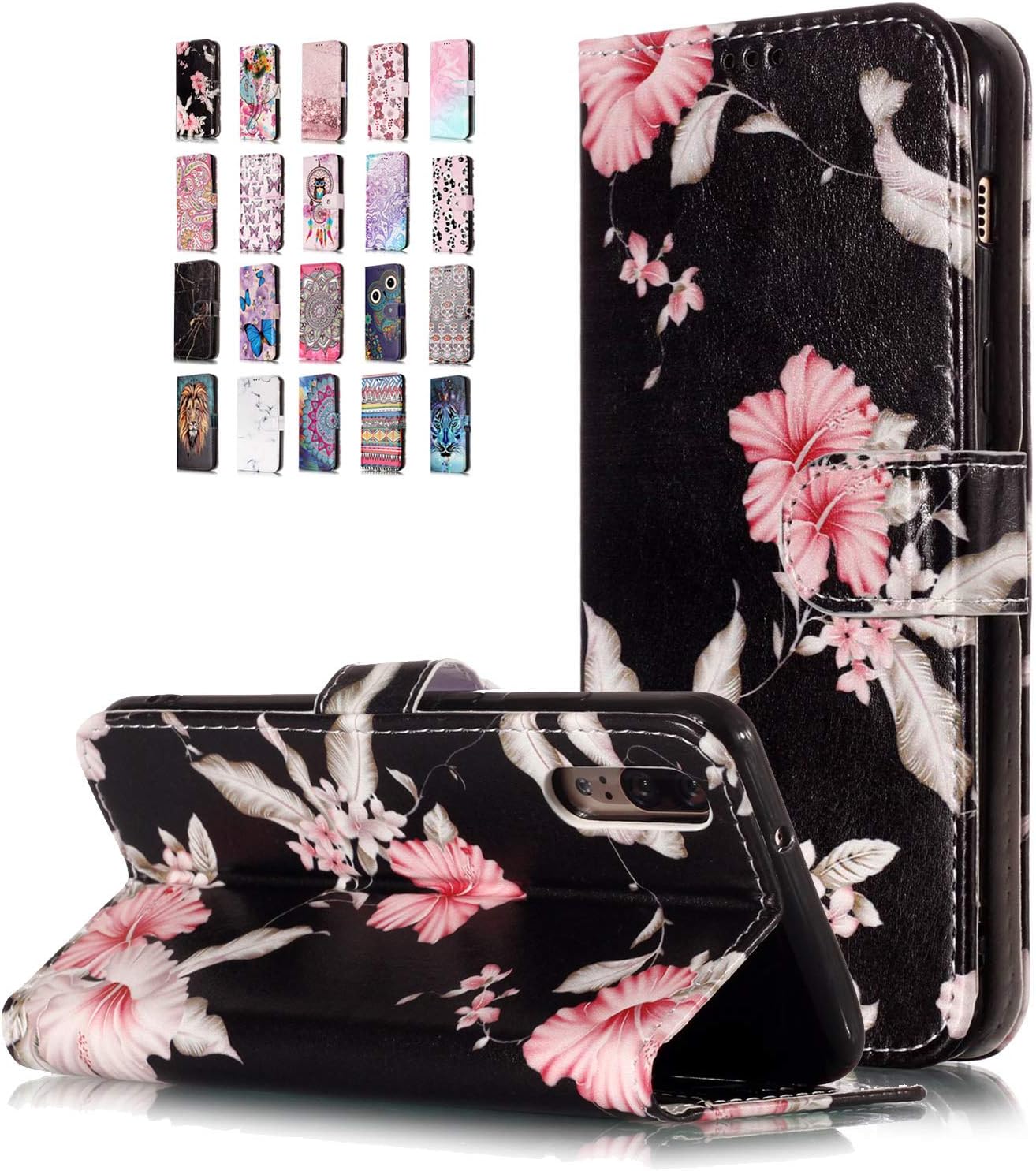 Universecase Leather Wallet Case Compatible for Samsung Galaxy S10 Plus, Black Floral Book Style Flip Case Magnetic Closure Card Slots Holster Cover